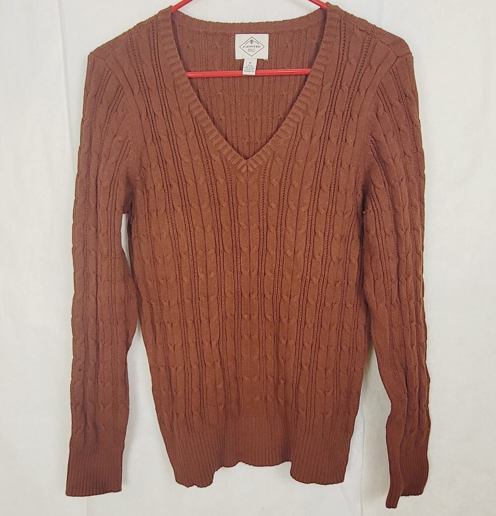 St. John's Bay brown cable knit V-neck sweater size Medium Preppy Fisherman